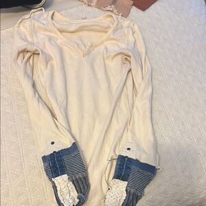 Free People Cream and Blue Long Sleeve Top